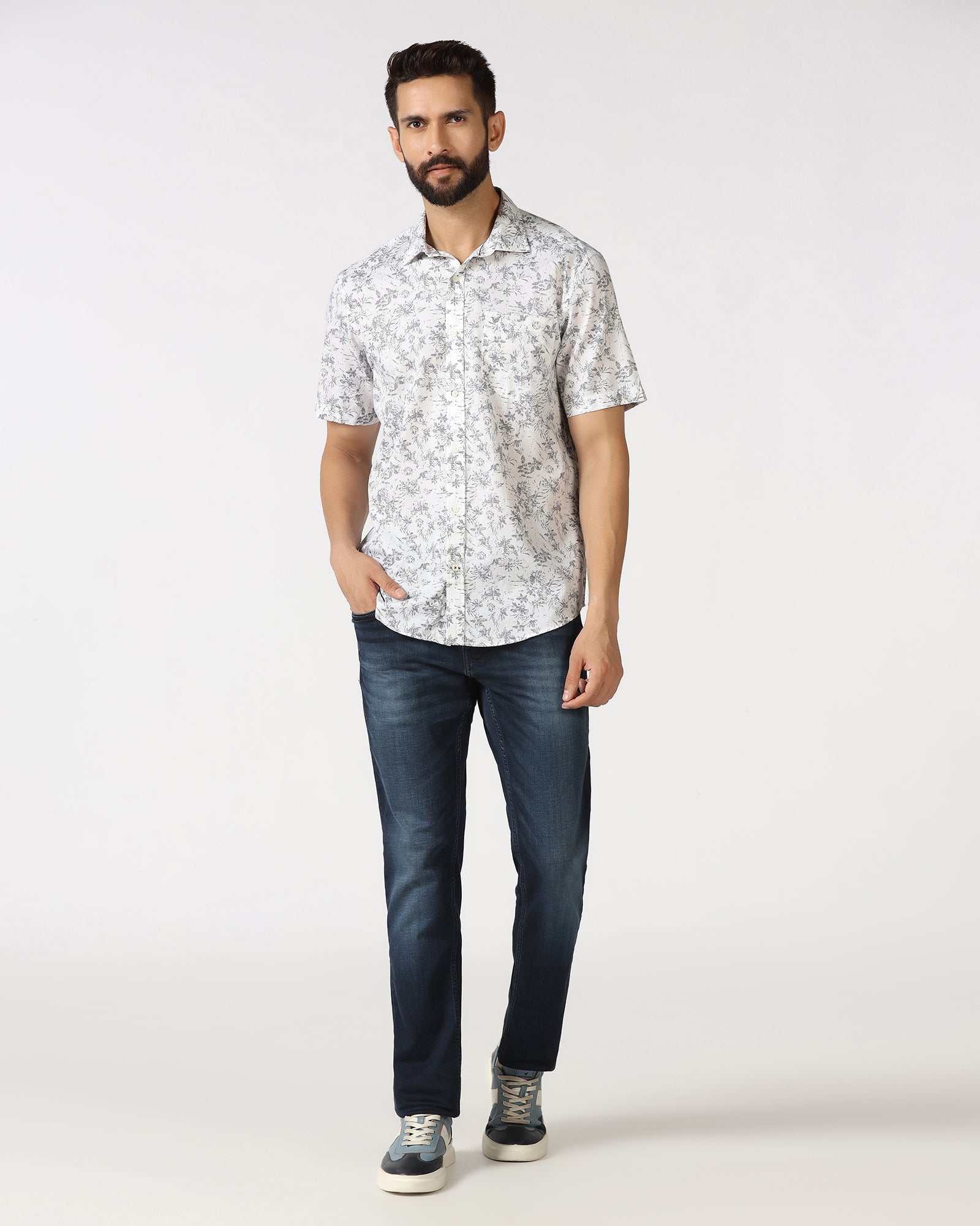White Half Sleeve Printed Shirt - Holten
