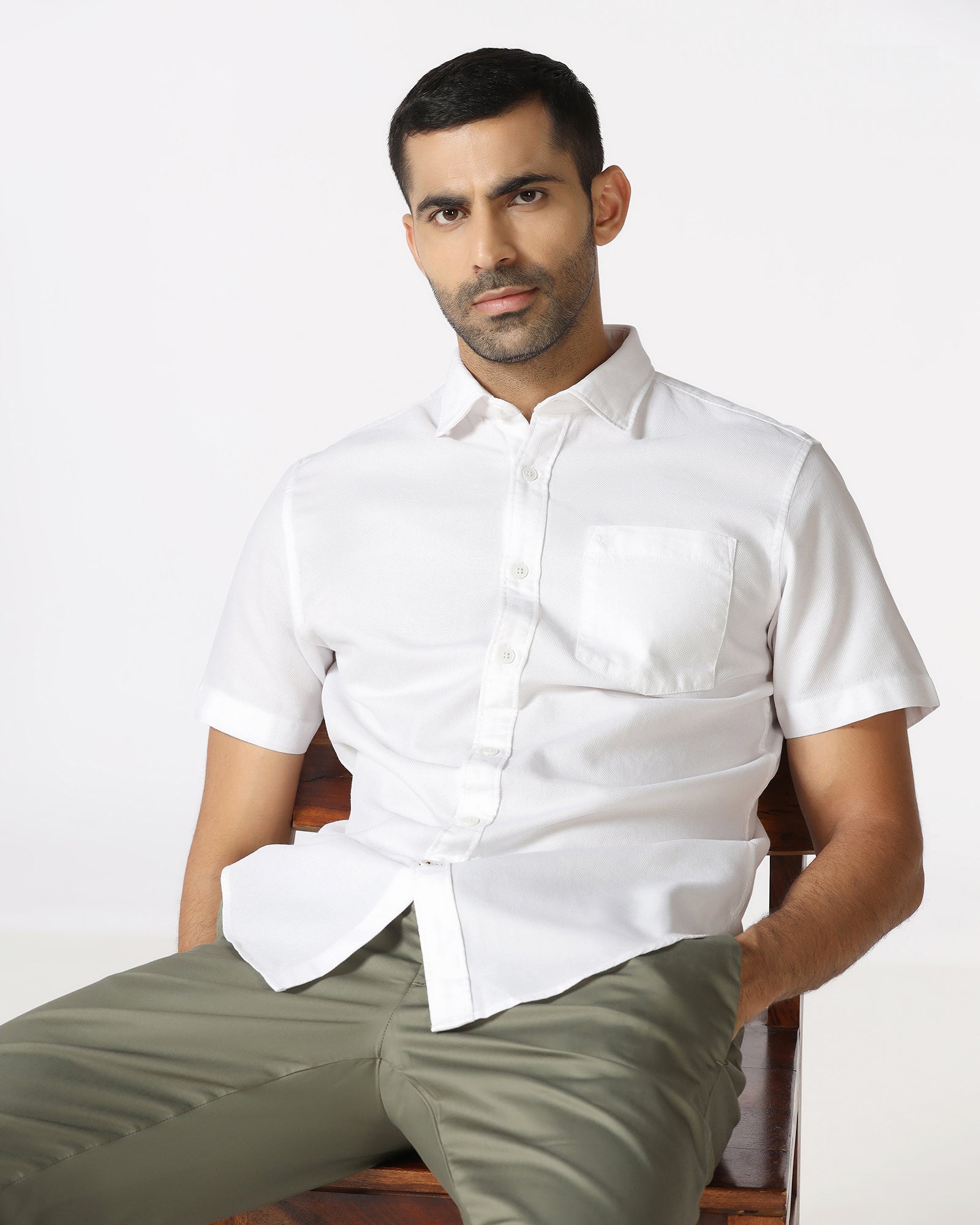 White Half Sleeve Textured Shirt - Caty