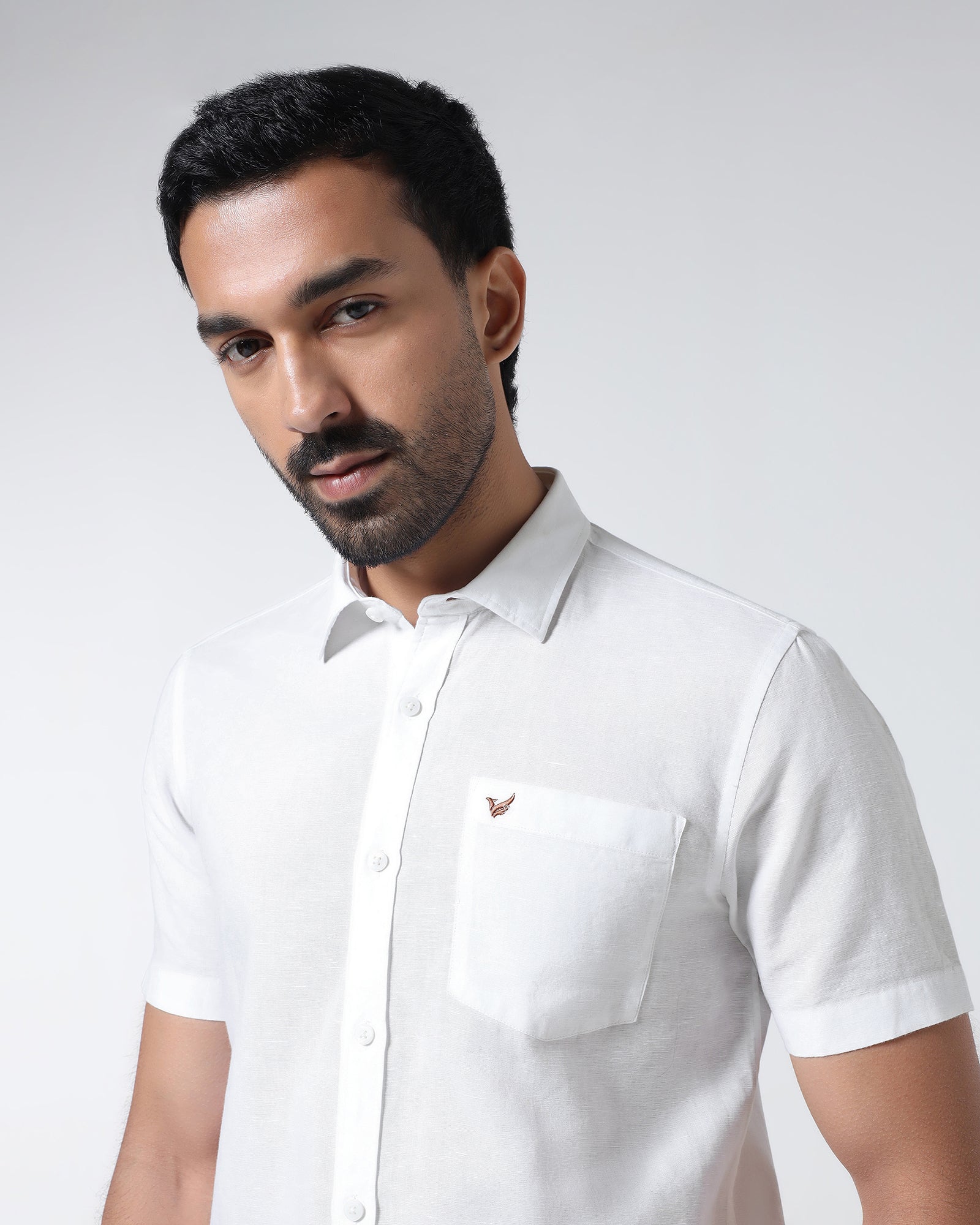 White Half Sleeve Linen Solid Shirt - Cleo