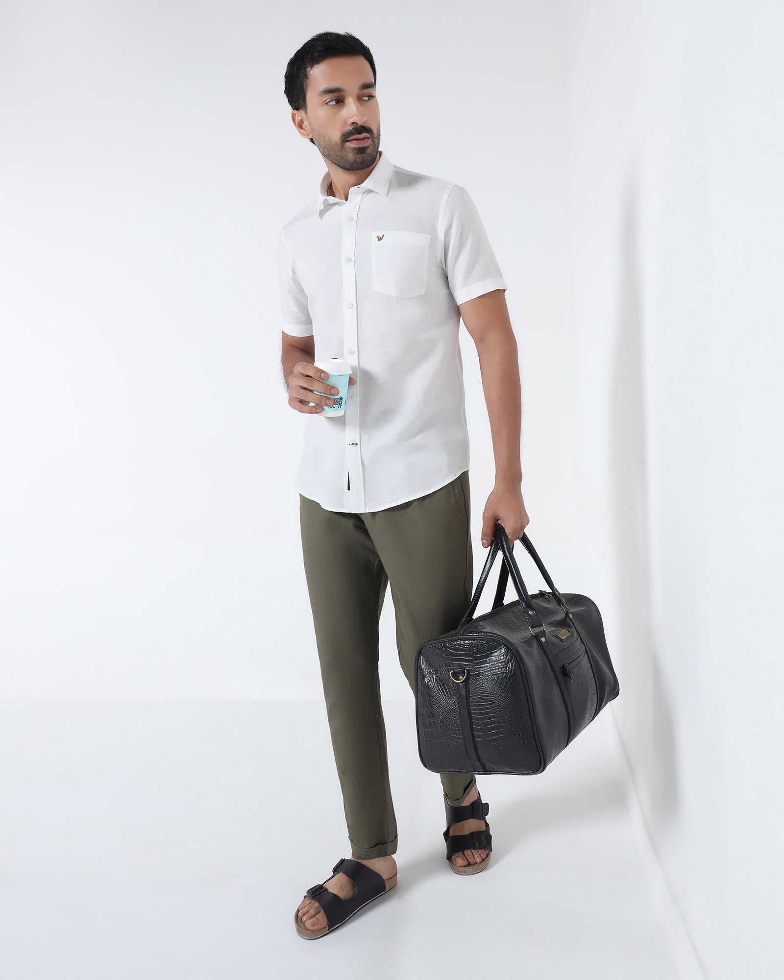 White Half Sleeve Linen Solid Shirt - Cleo