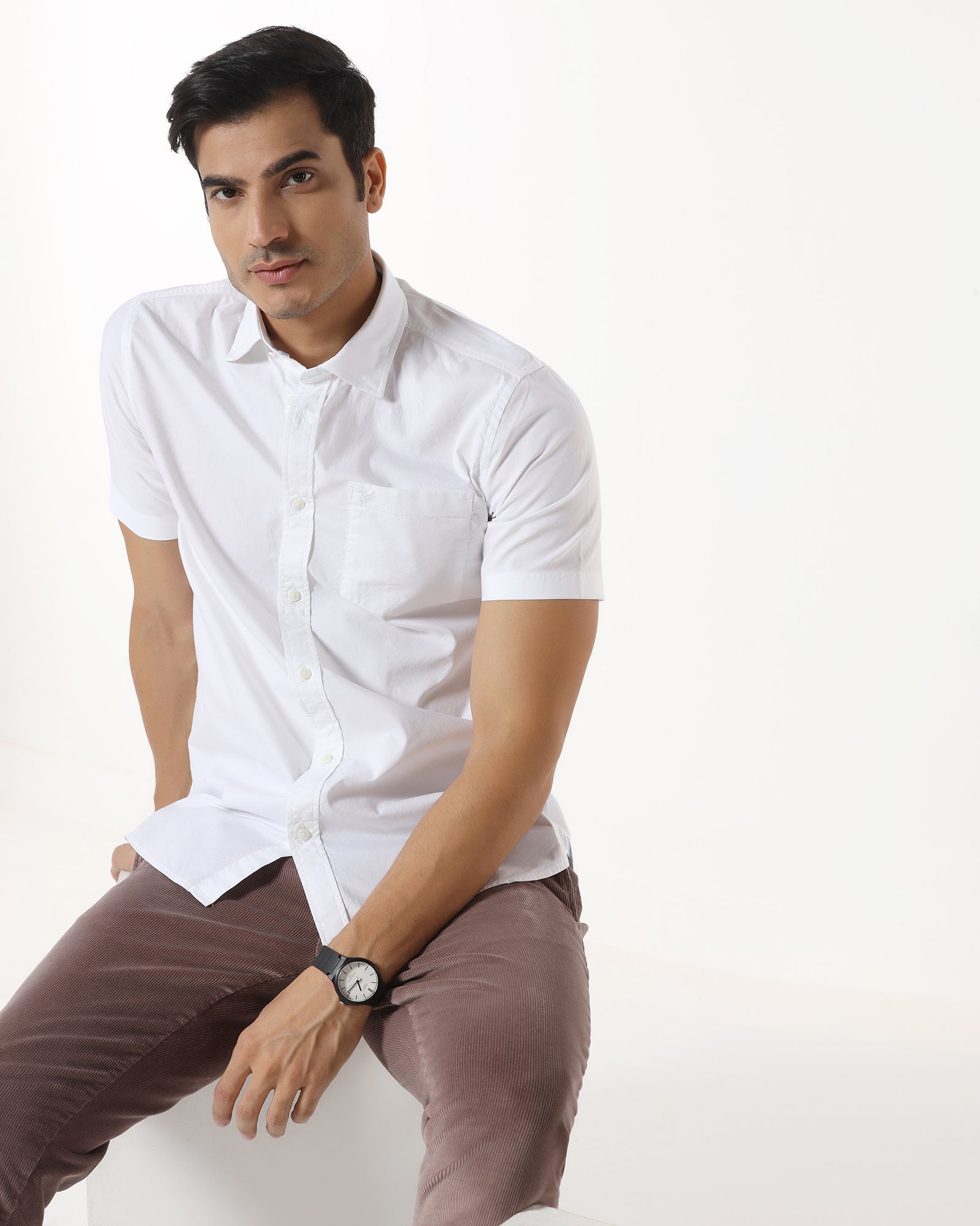White Half Sleeve Solid Shirt - Trun