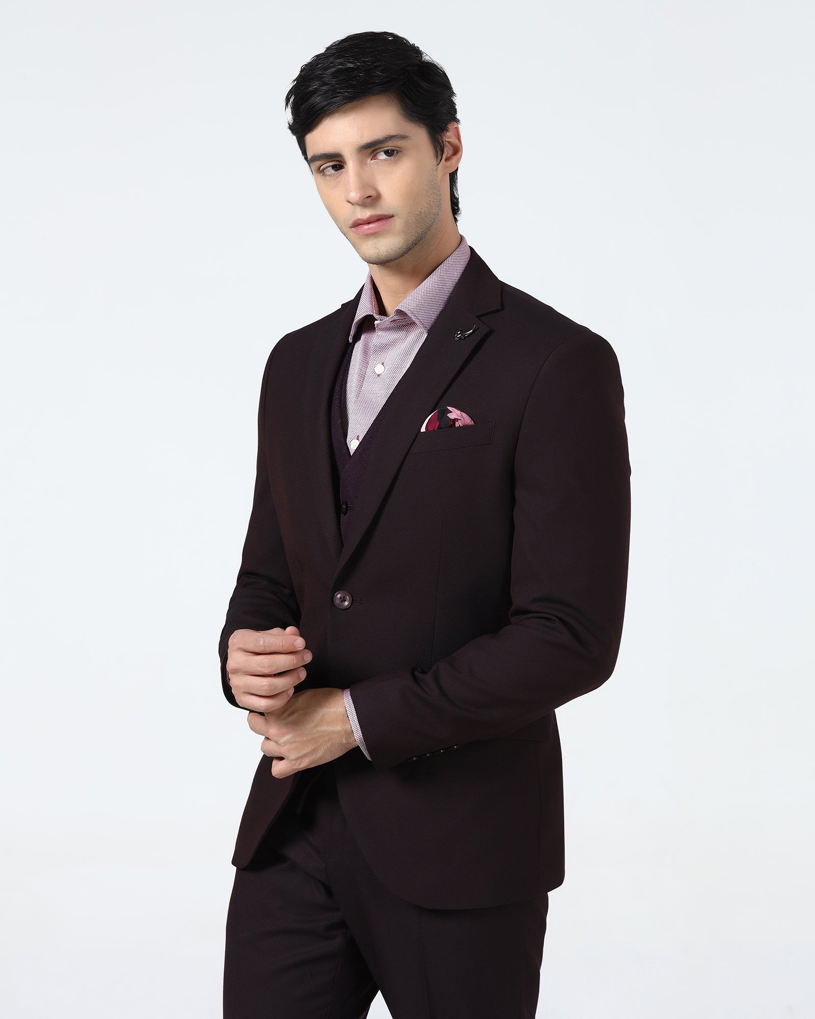 Wine Three Piece Textured Suit - Terrazo