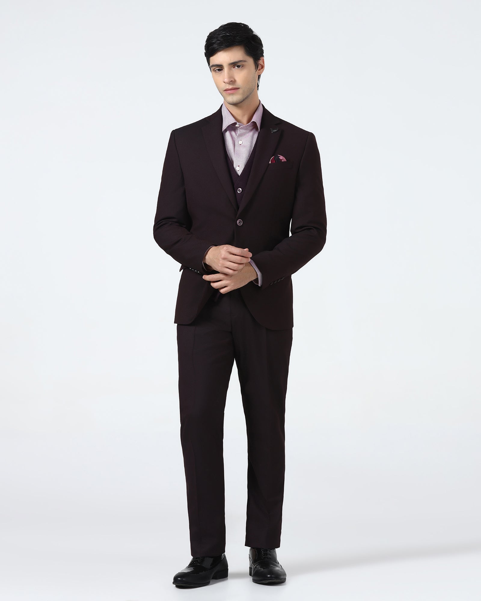 Wine Three Piece Textured Suit - Terrazo