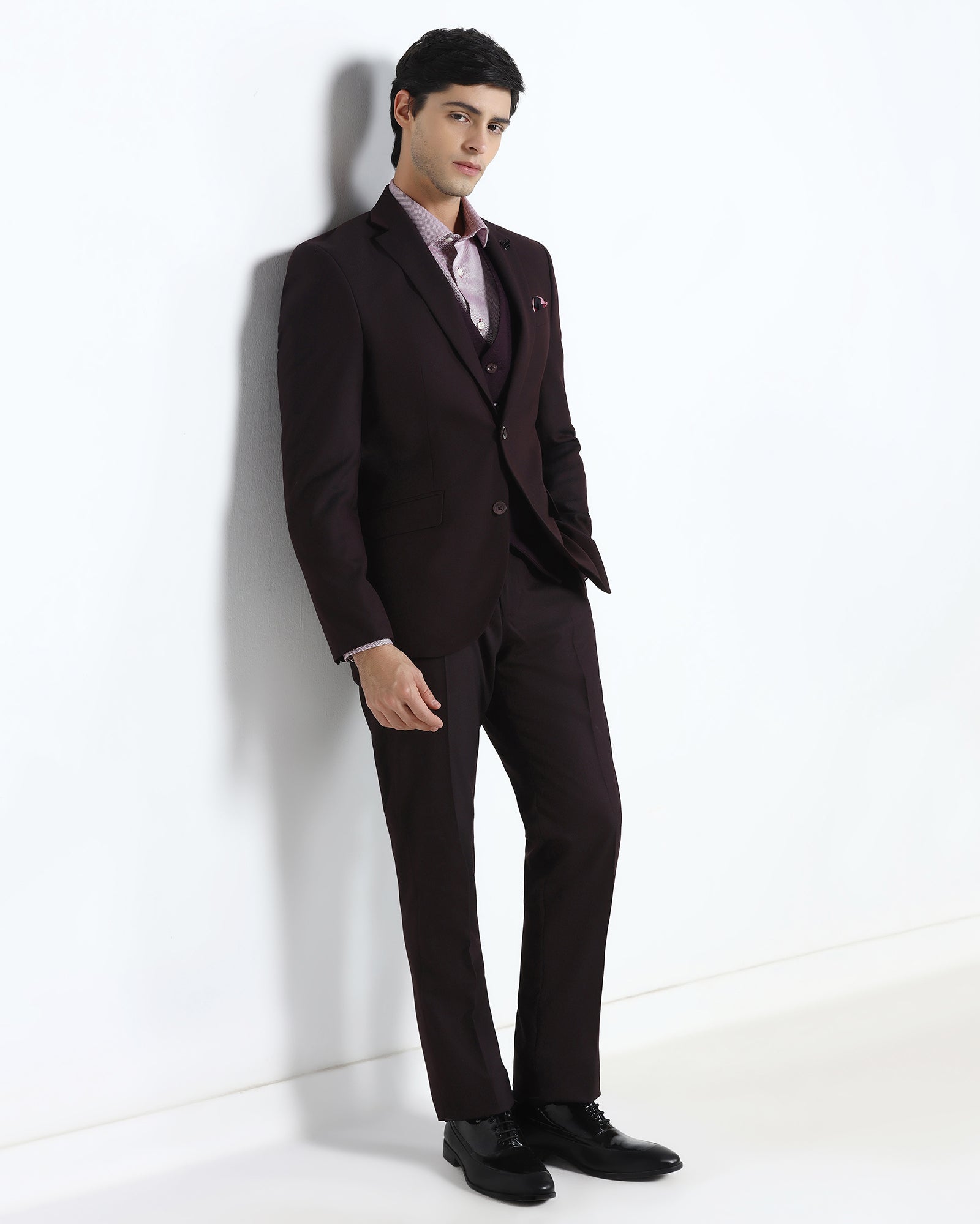 Wine Three Piece Textured Suit - Terrazo