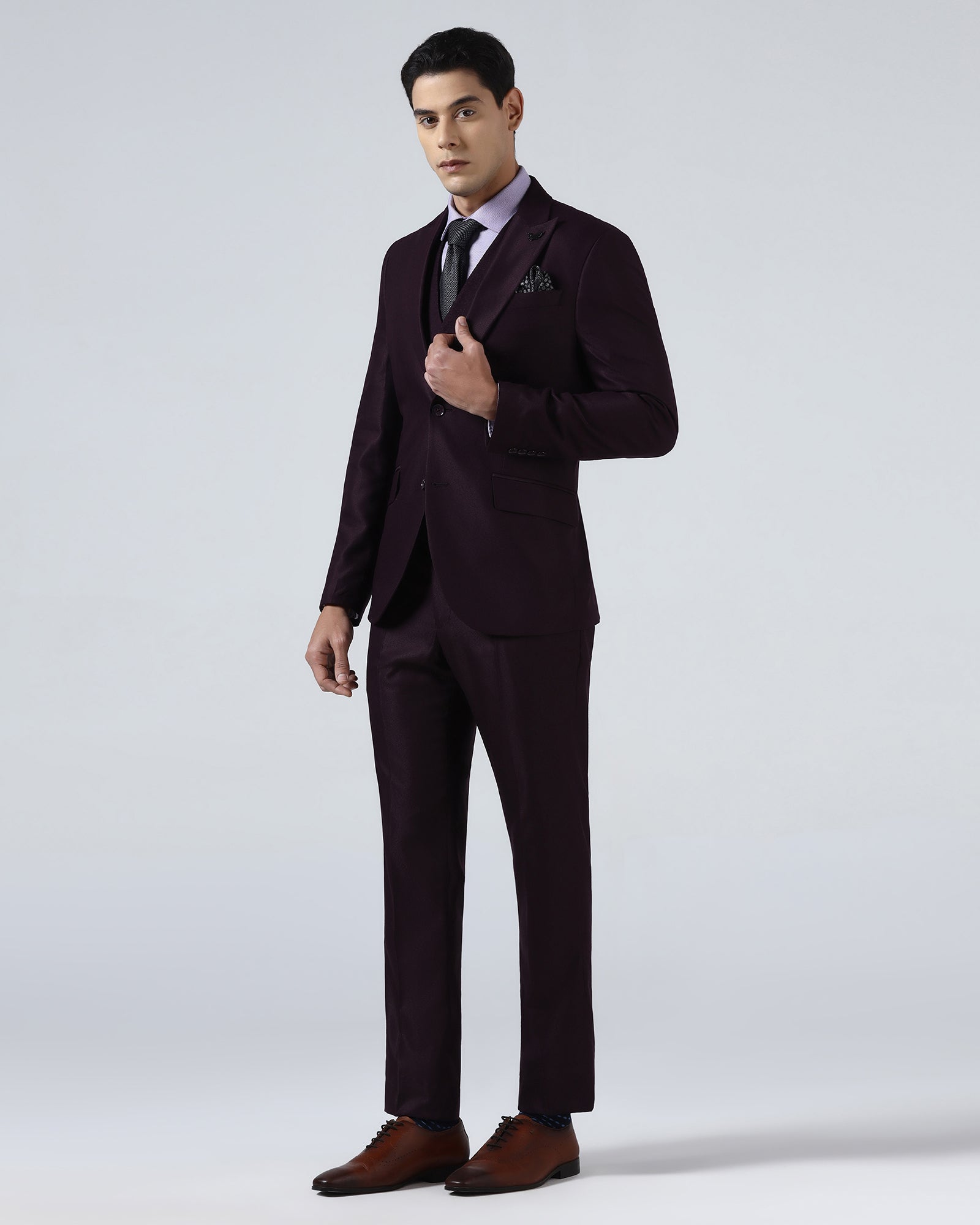 Wine Three Piece Textured Suit - Venmo