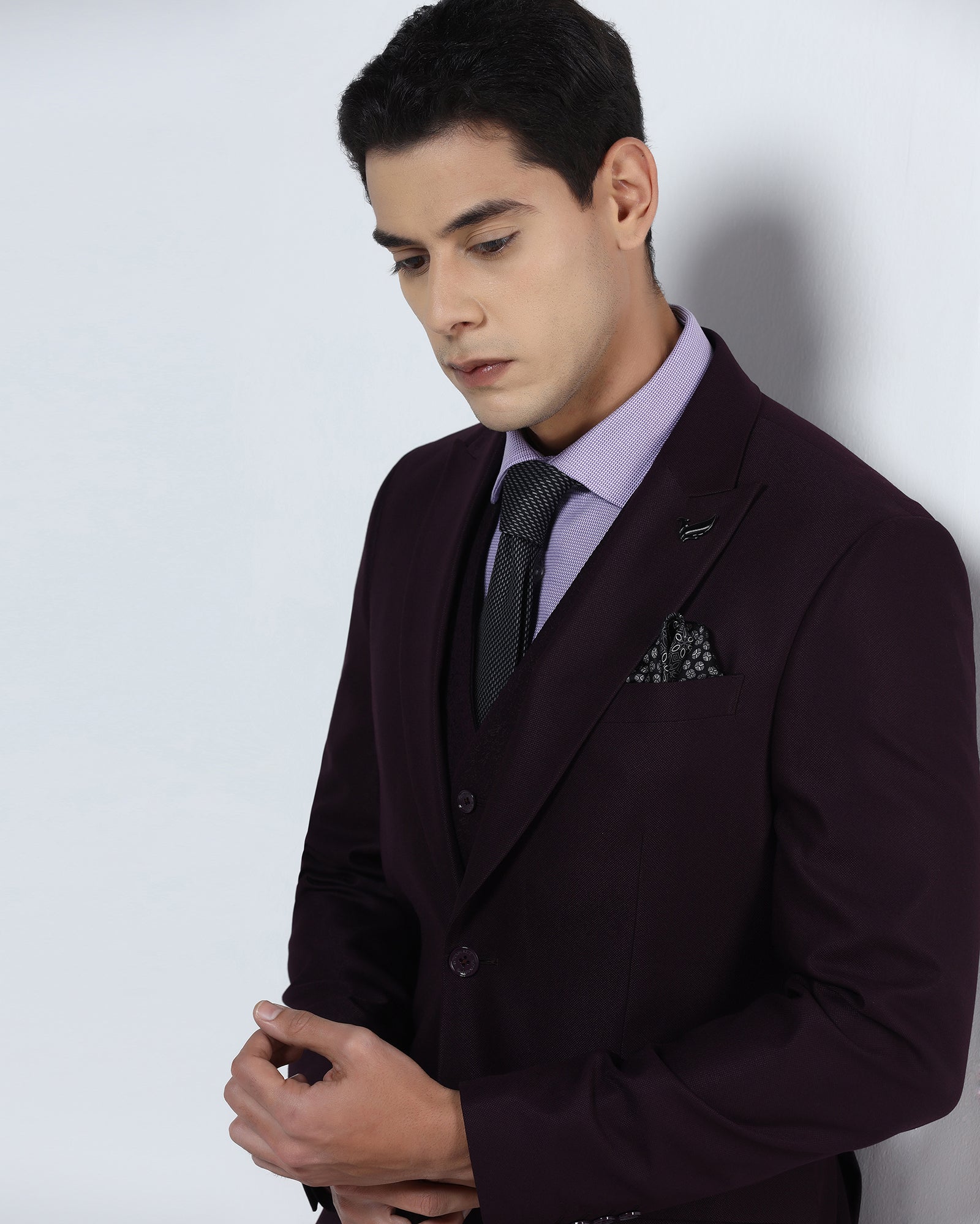 Wine Three Piece Textured Suit - Venmo