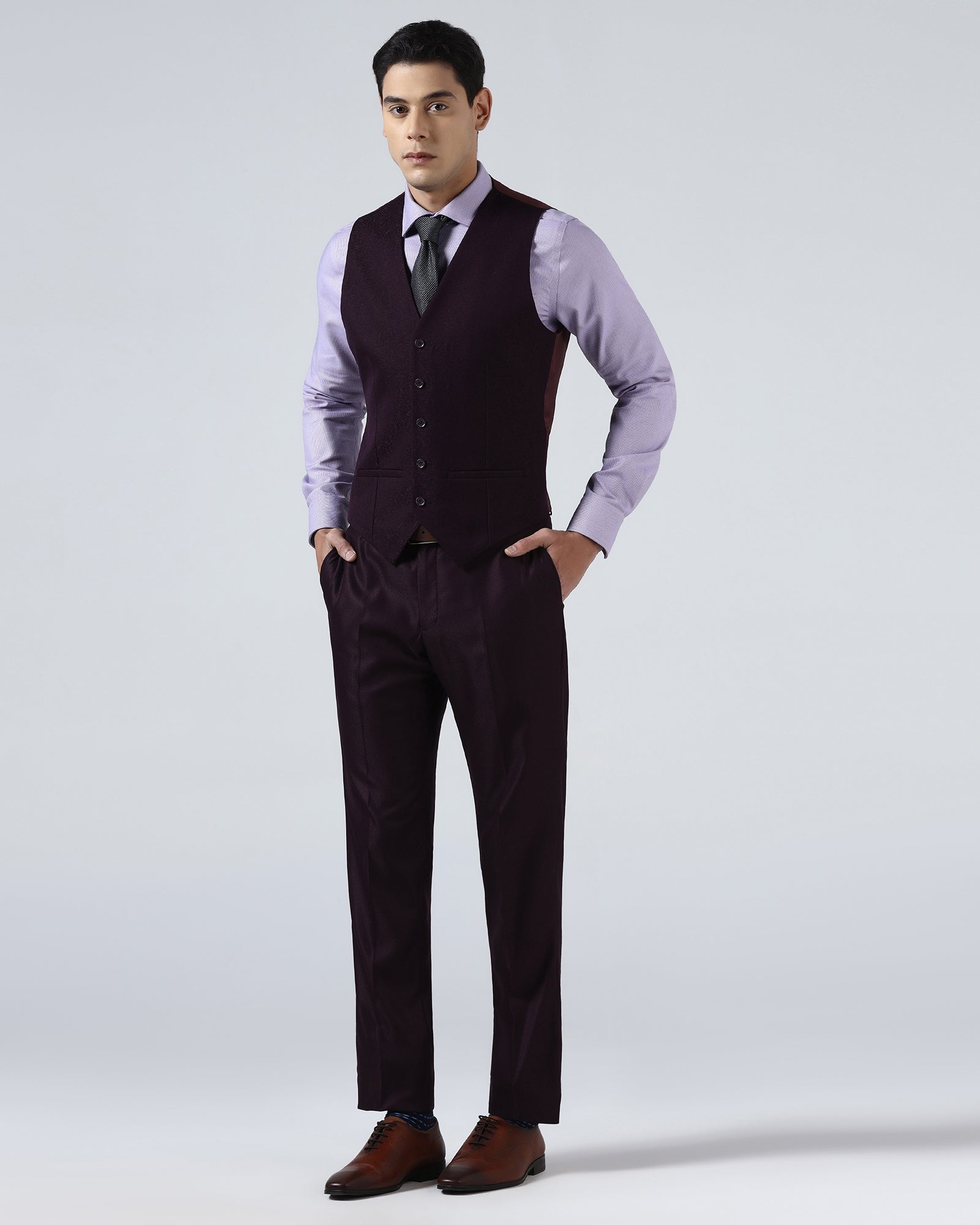 Wine Three Piece Textured Suit - Venmo