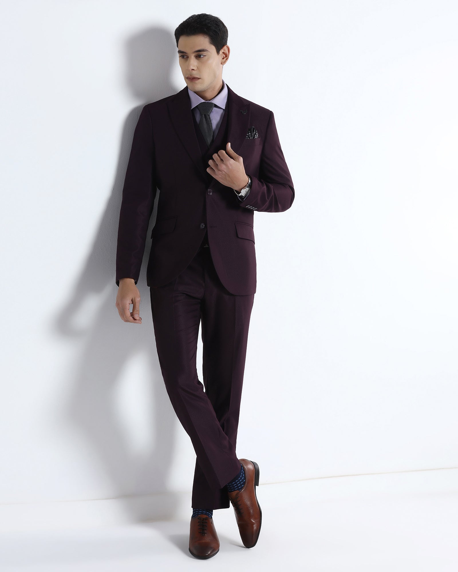 Wine Three Piece Textured Suit - Venmo