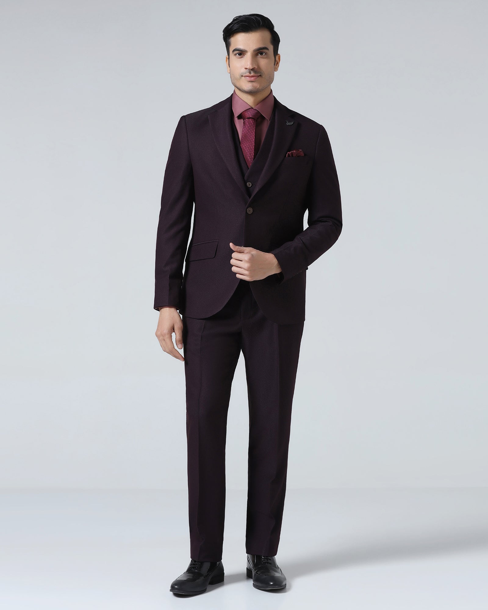 Wine Three Piece Textured Suit