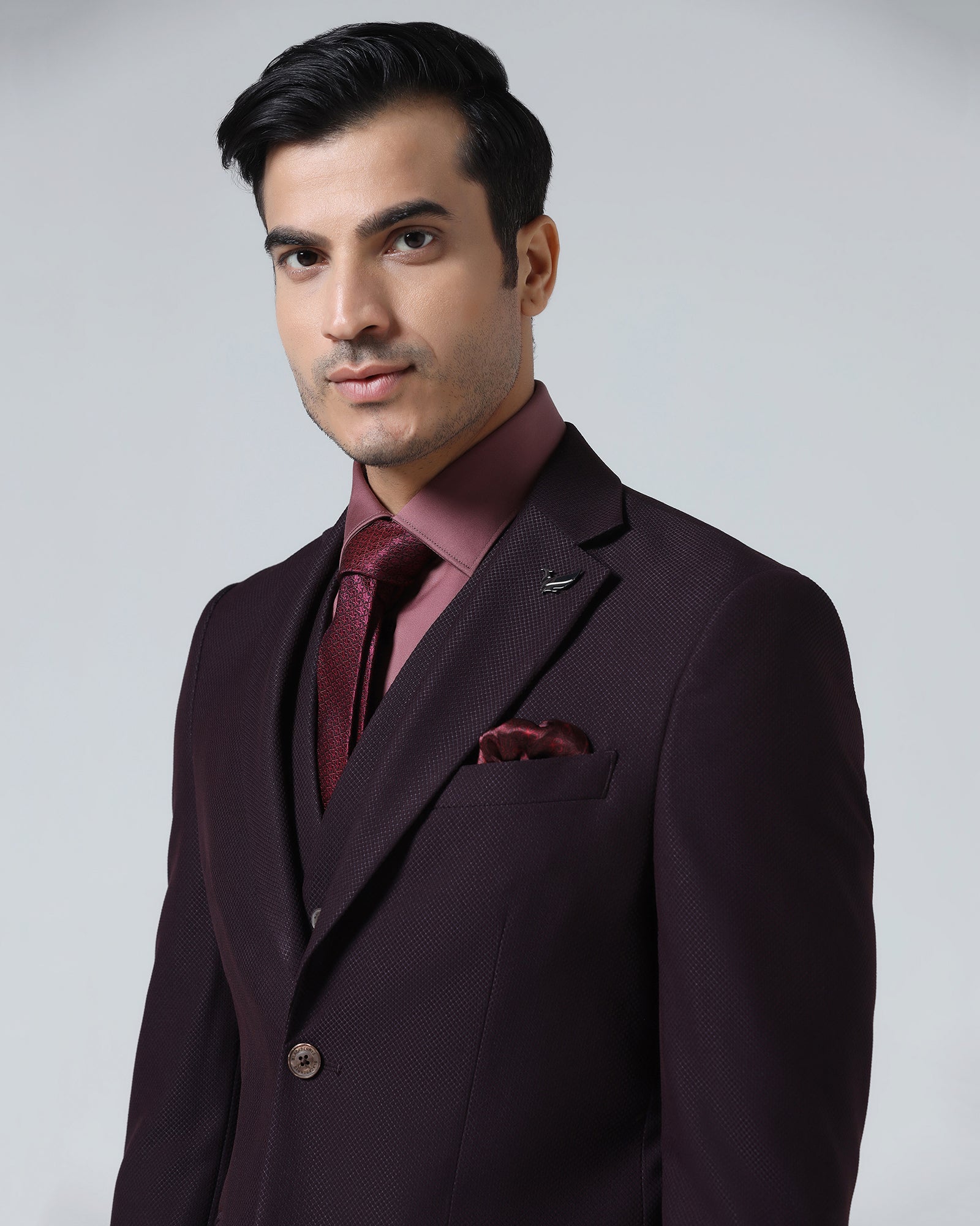 Wine Three Piece Textured Suit - Zeny