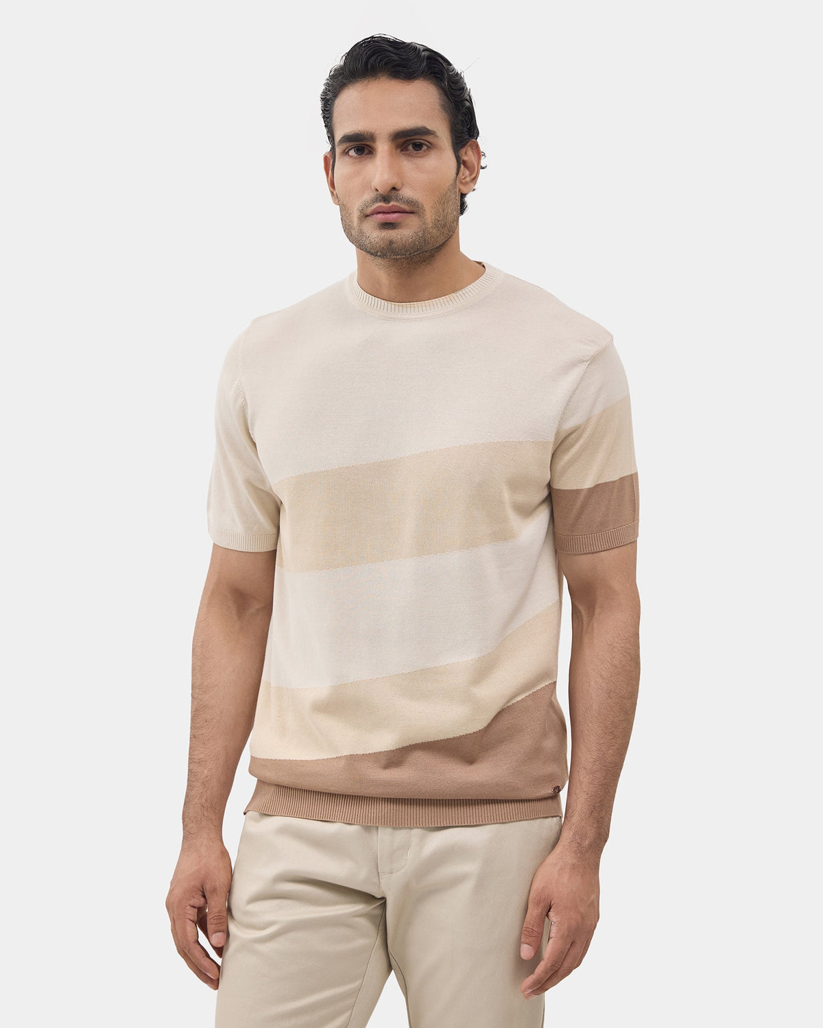 Almond Beige Crew Neck Textured T-Shirt - Tecky