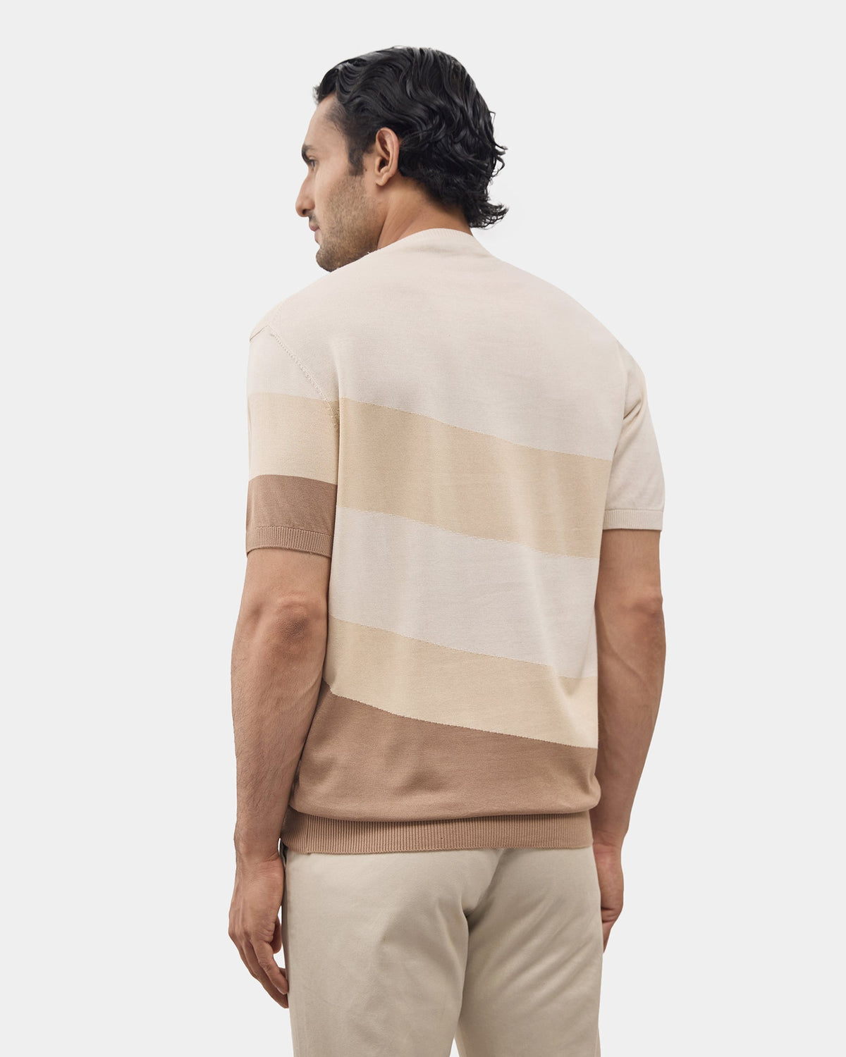 Almond Beige Crew Neck Textured T-Shirt - Tecky
