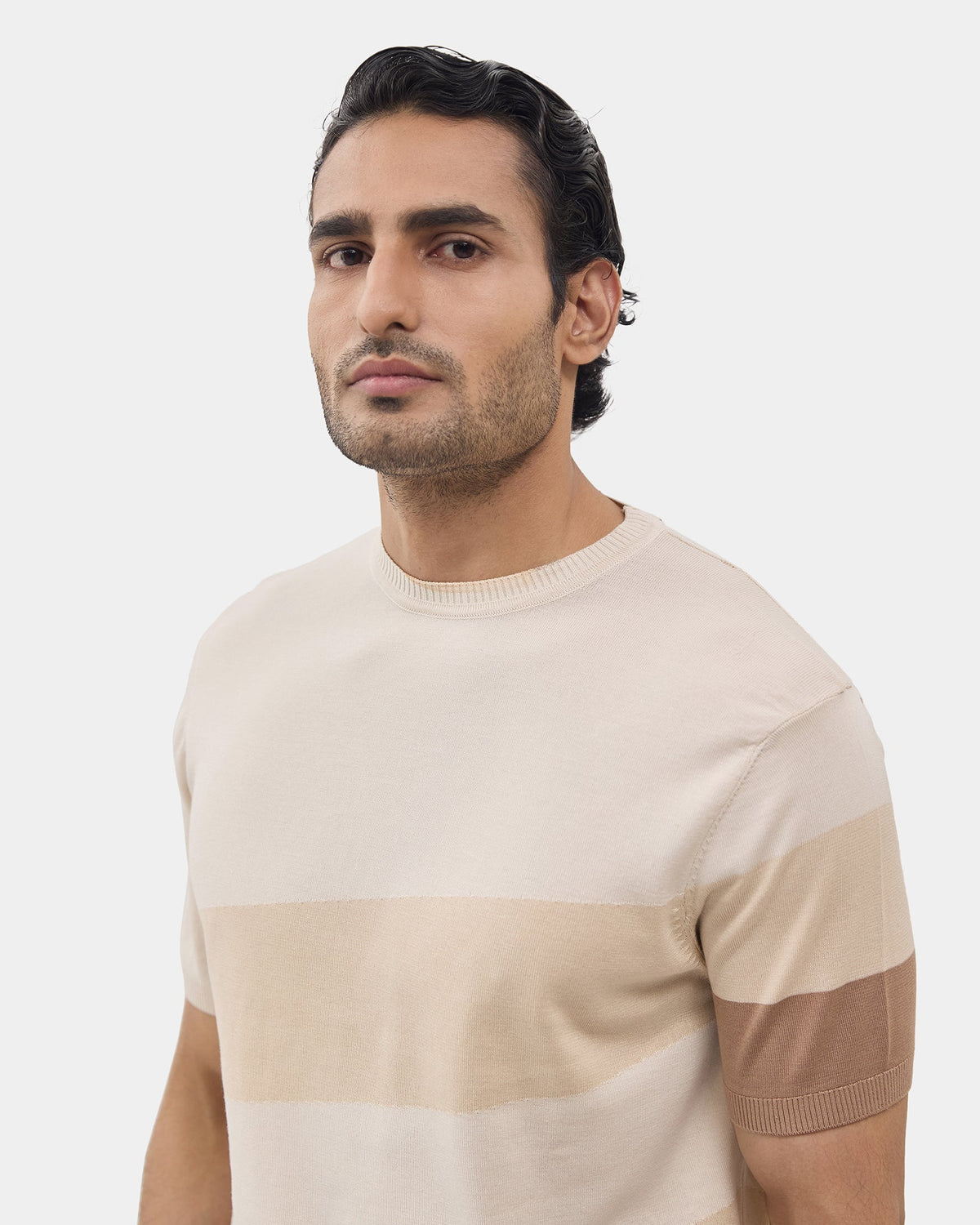Almond Beige Crew Neck Textured T-Shirt - Tecky