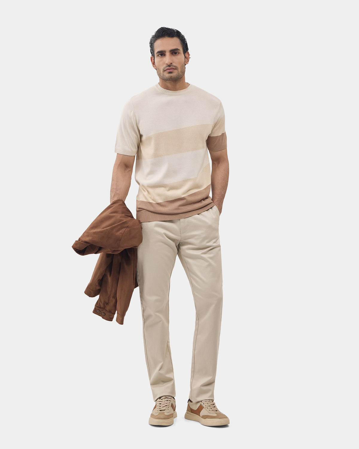 Almond Beige Crew Neck Textured T-Shirt - Tecky