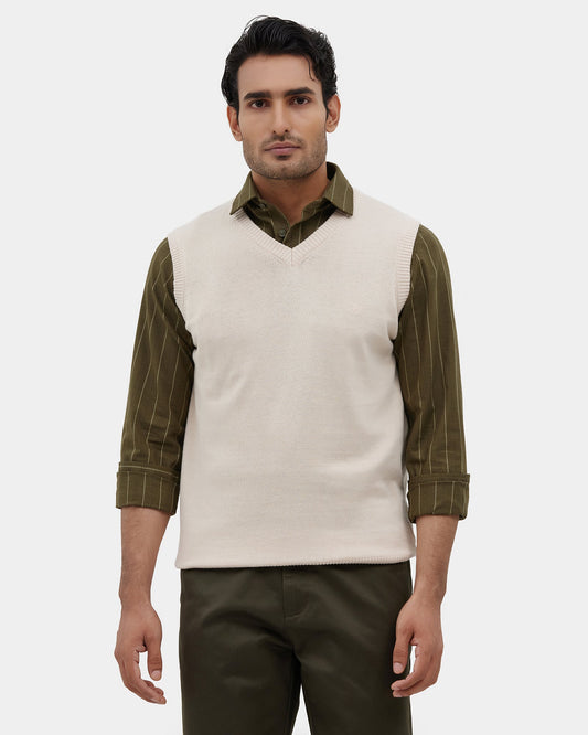 Almond Beige V-Neck Solid Sweater - Less