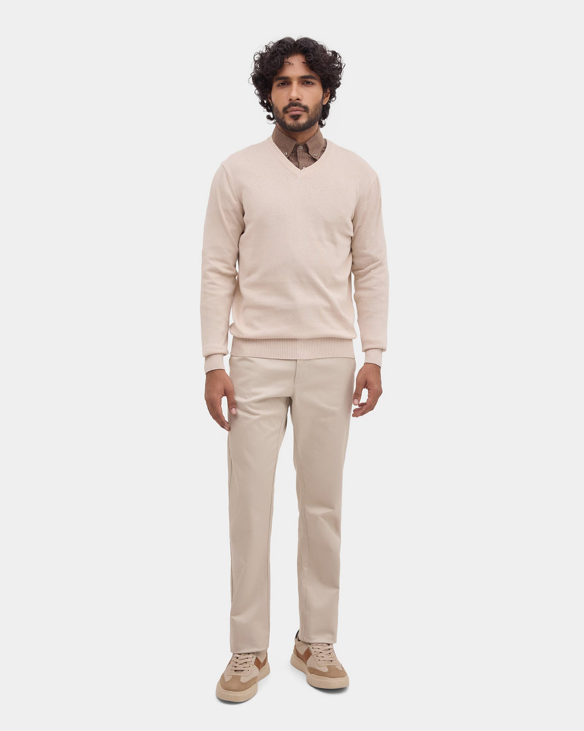 Almond Beige V Neck Solid Sweater - Vneckter