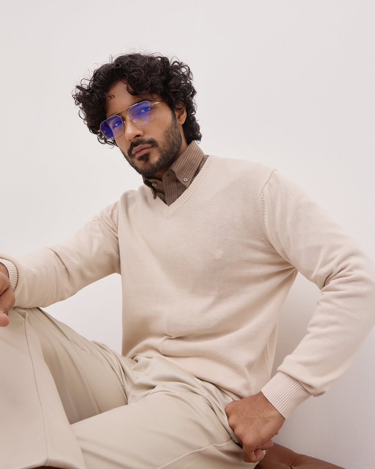 Almond Beige V Neck Solid Sweater - Vneckter
