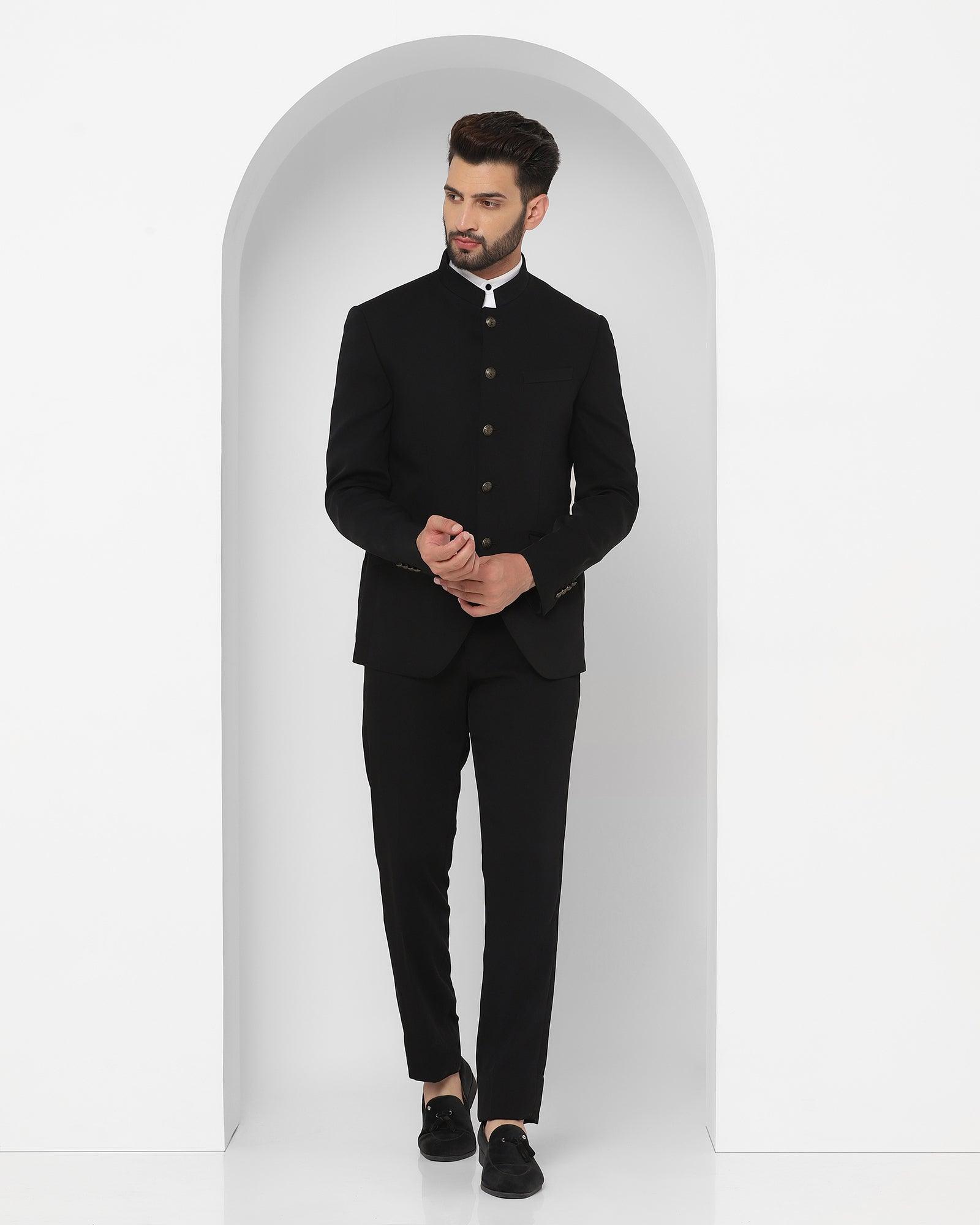 Bandhgala Two Piece Black Solid Formal Suit - Frida