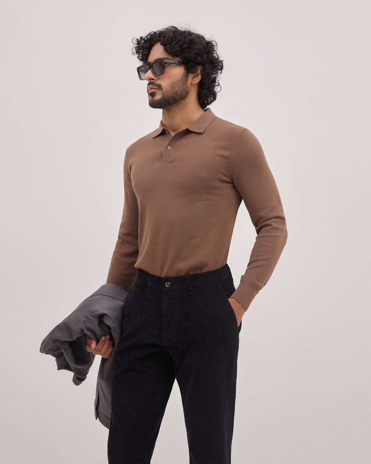Bear Brown Polo Neck Solid Sweater - Mushroom