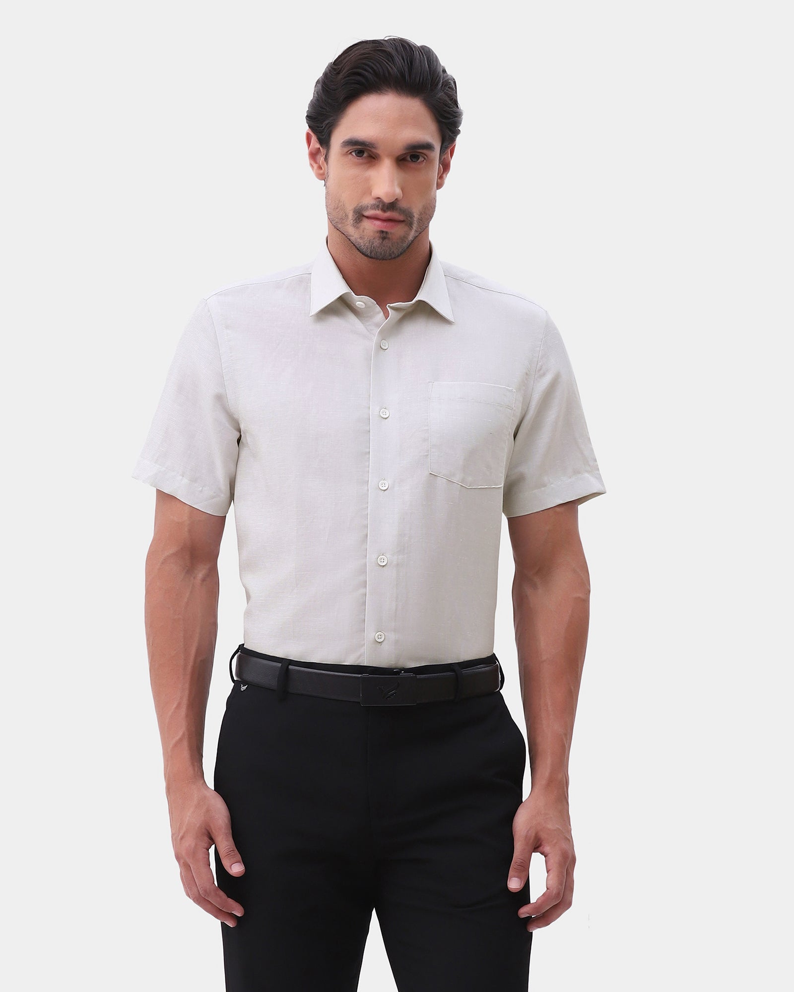 Beige Half Sleeve Linen Textured Shirt - Karter