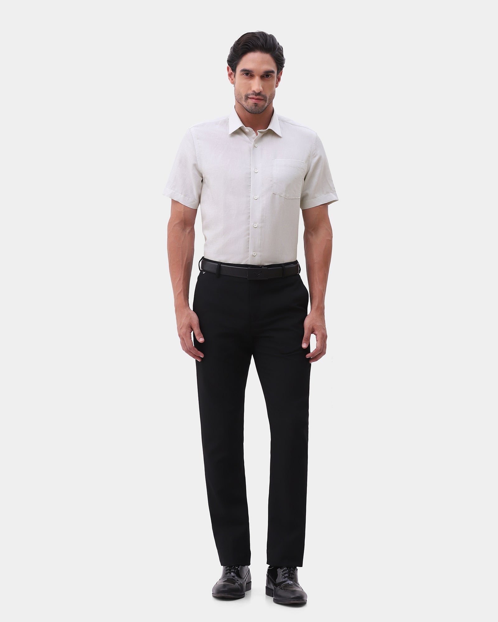 Beige Half Sleeve Linen Textured Shirt - Karter