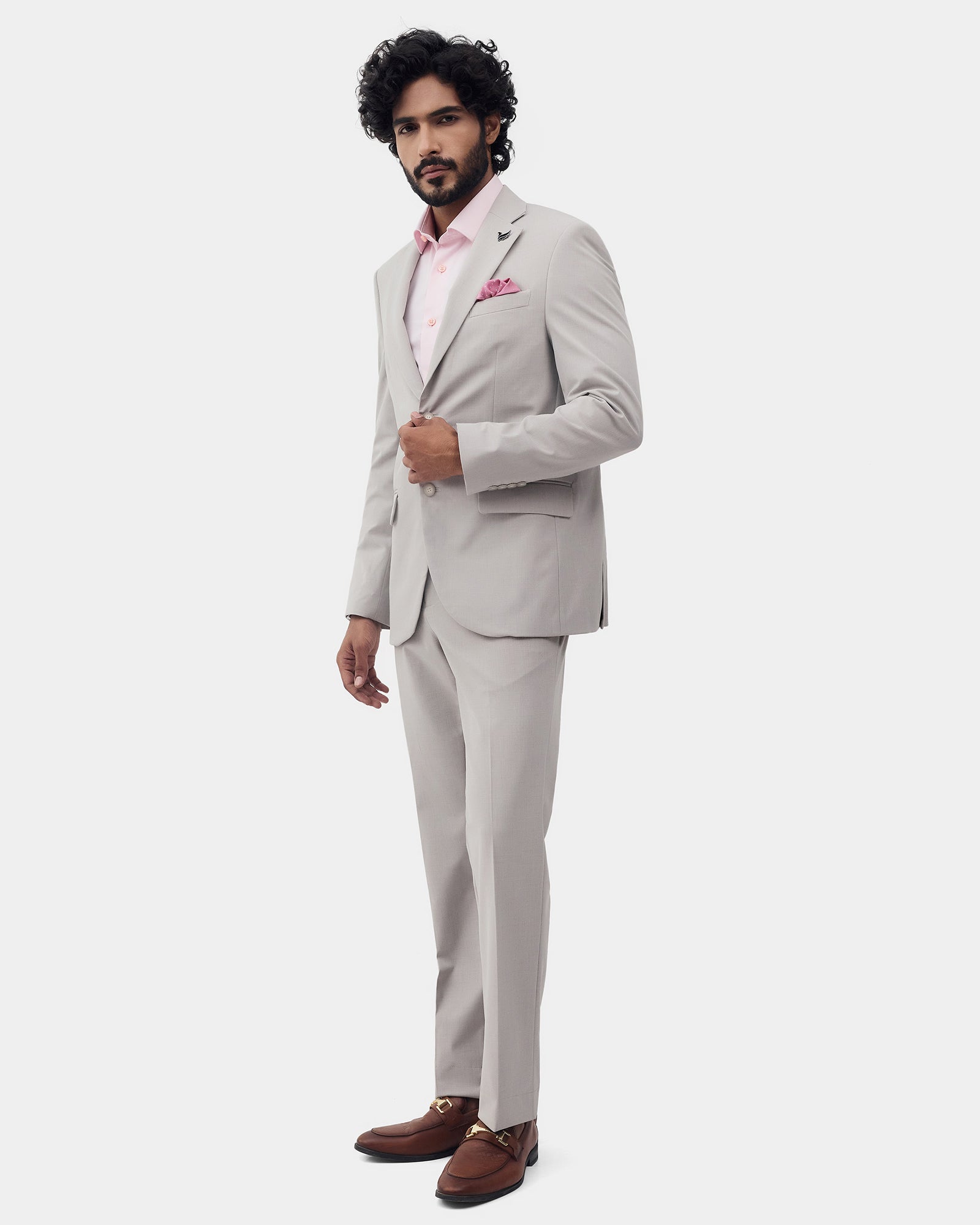 Beige Two Piece Solid Suit - Overon