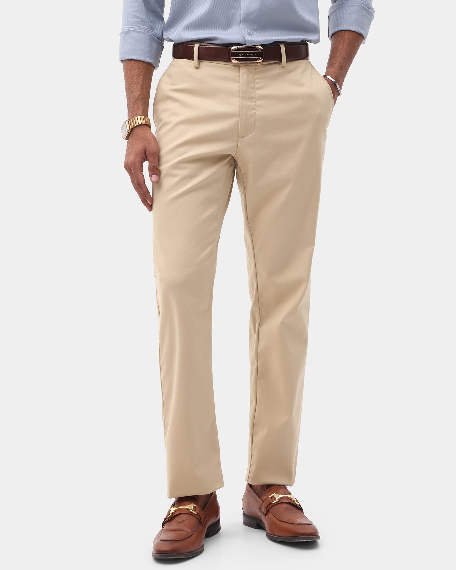 Beige Unwrinkle Solid Khakis - Elgon