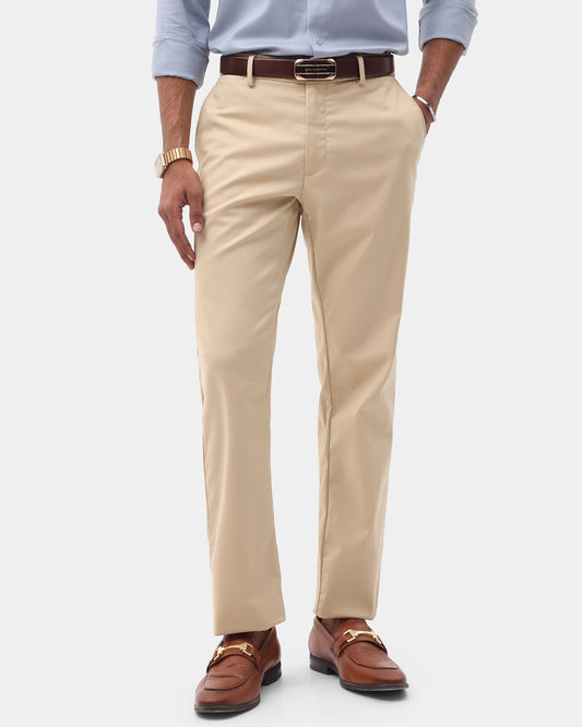 Beige Unwrinkle Solid Khakis - Elgon