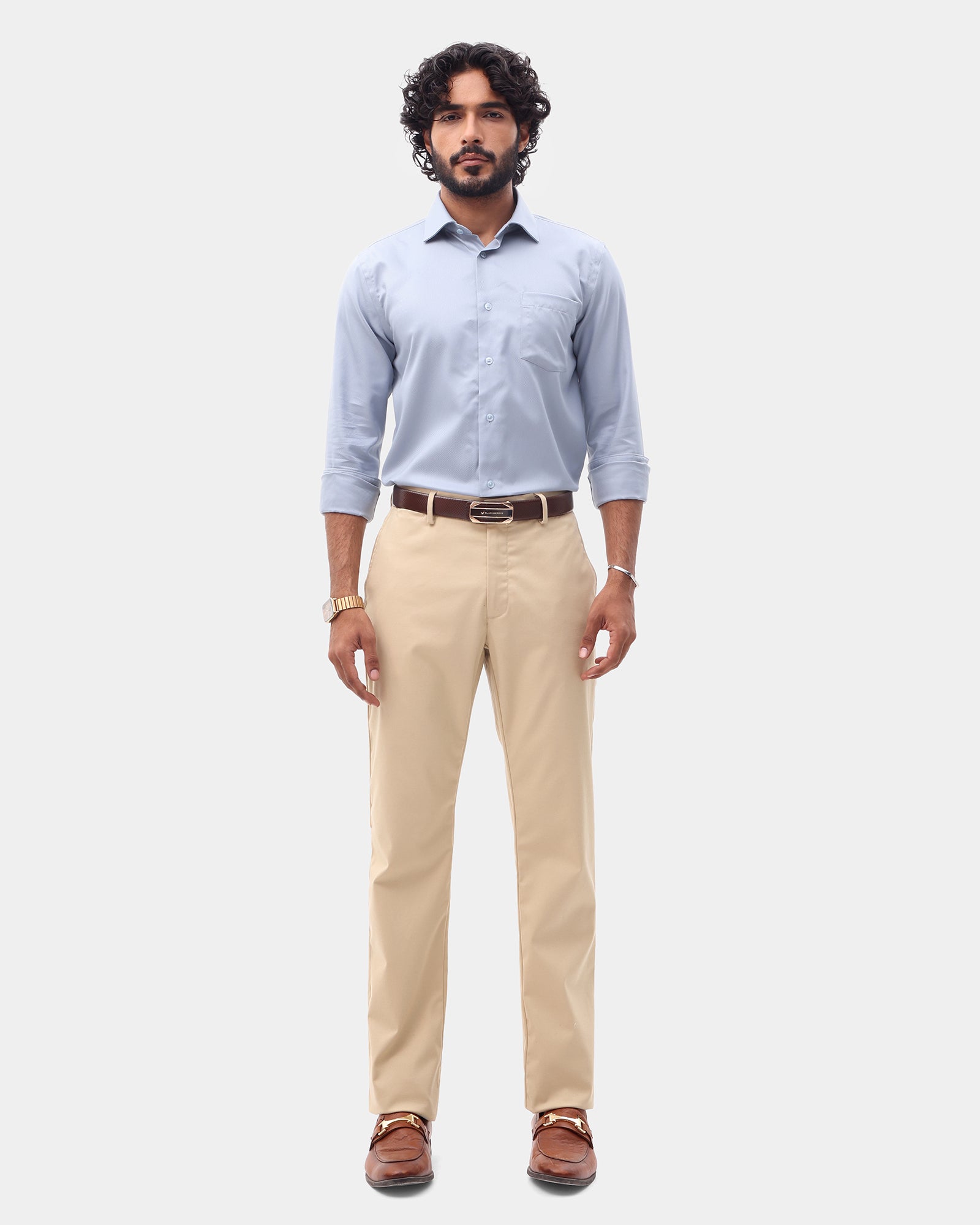 Beige Unwrinkle Solid Khakis - Elgon