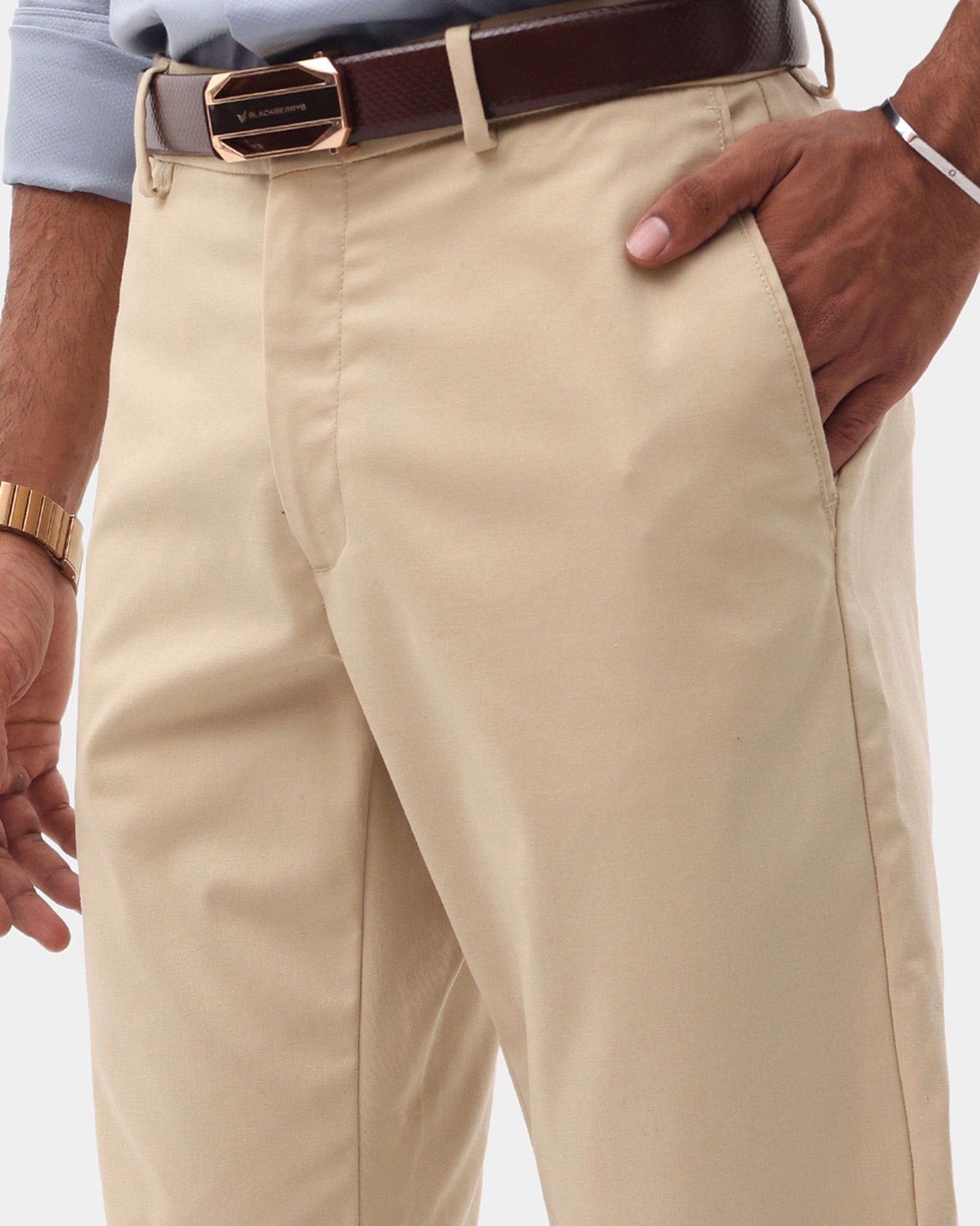 Beige Unwrinkle Solid Khakis - Elgon