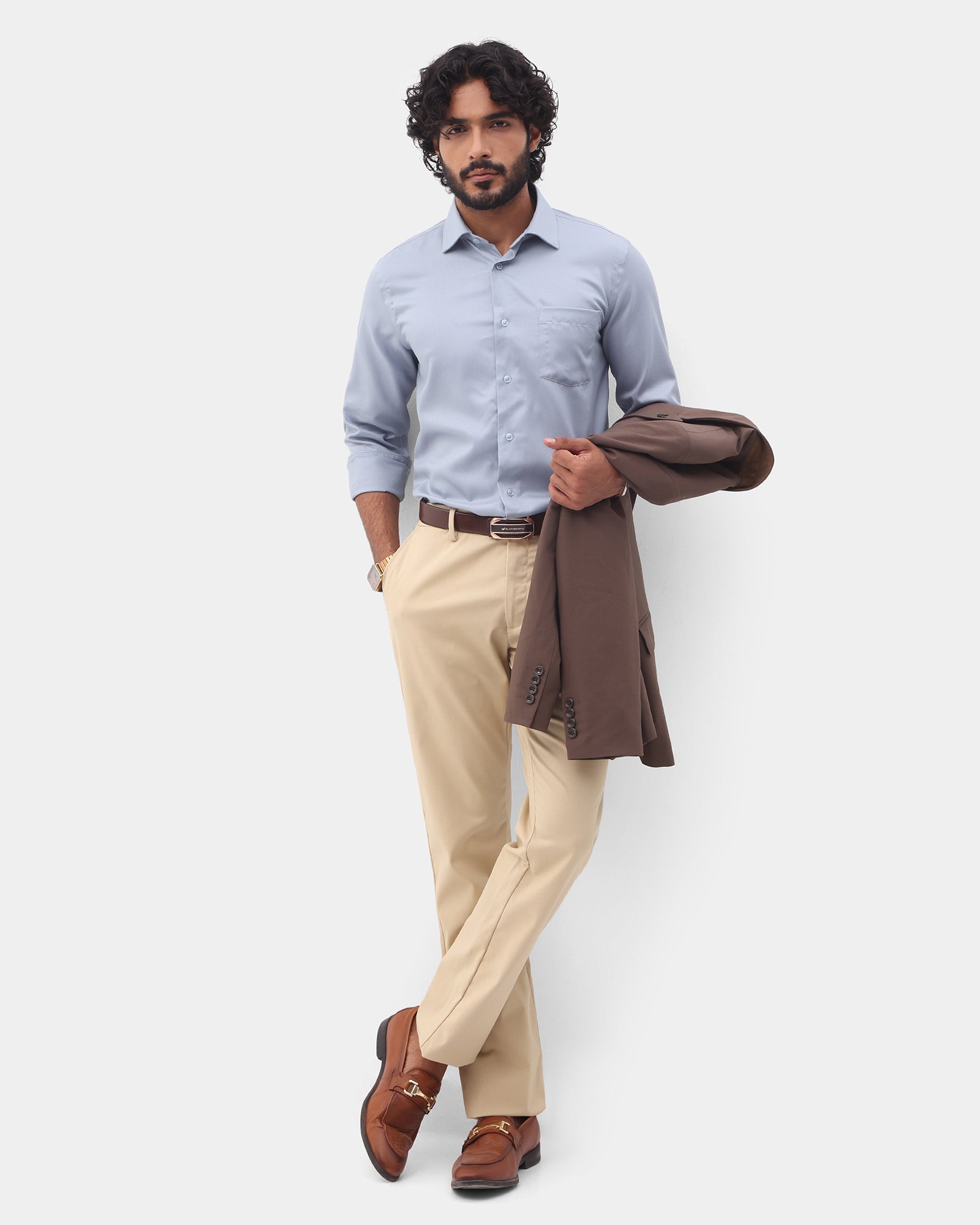 Beige Unwrinkle Solid Khakis - Elgon