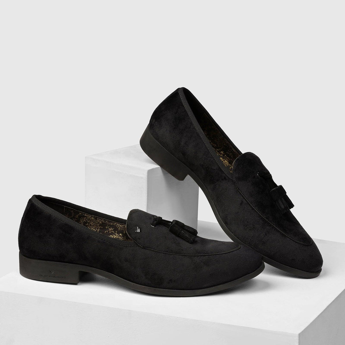 Velvet Black Textured Slip On Shoes Mrinal