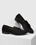 Velvet Black Textured Slip On Shoes - Mrinal - Blackberrys