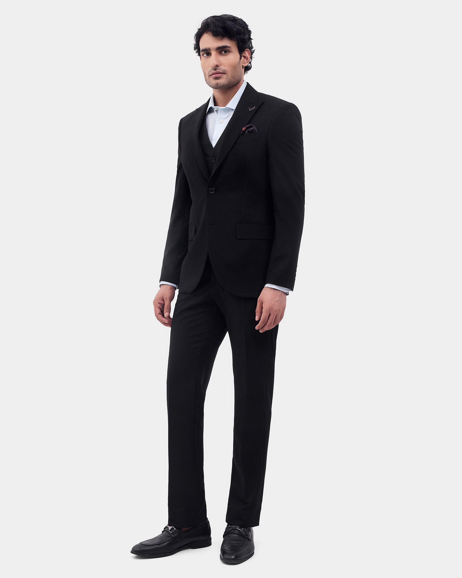 Black Three Piece Solid Suit - Colteo
