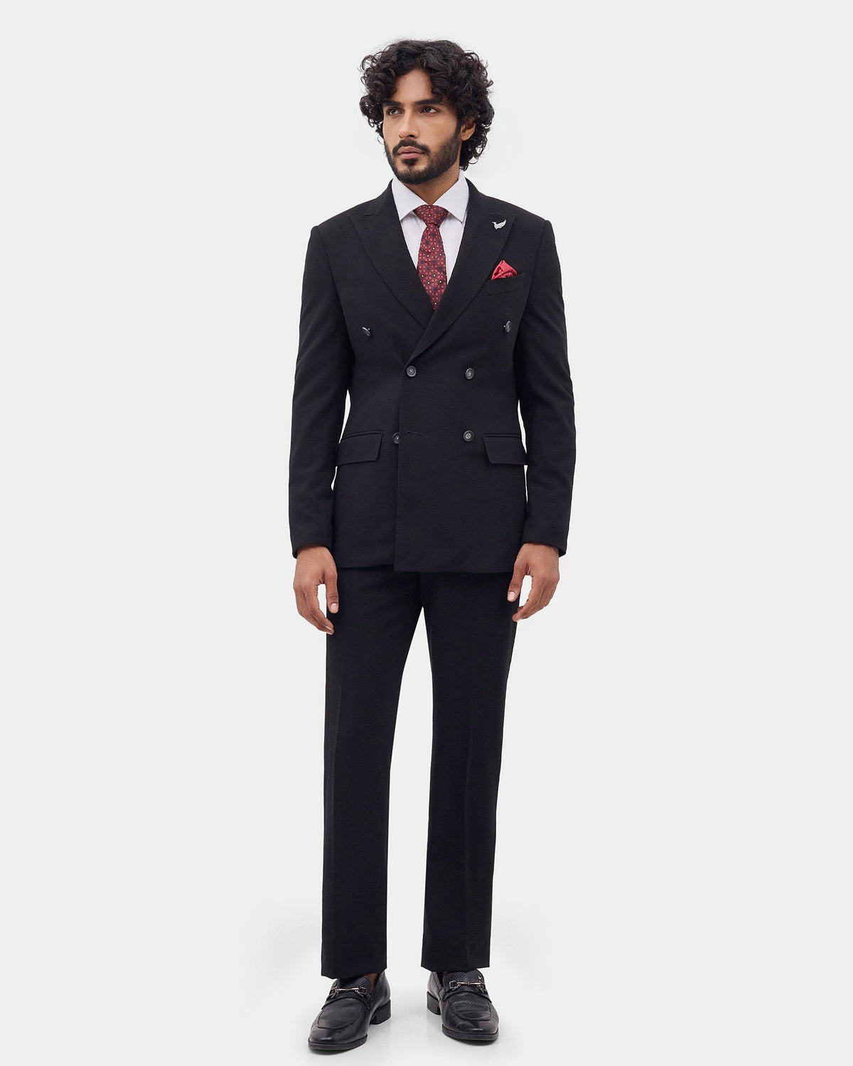 Black Two Piece Double Breasted Textured Suit - Lemok