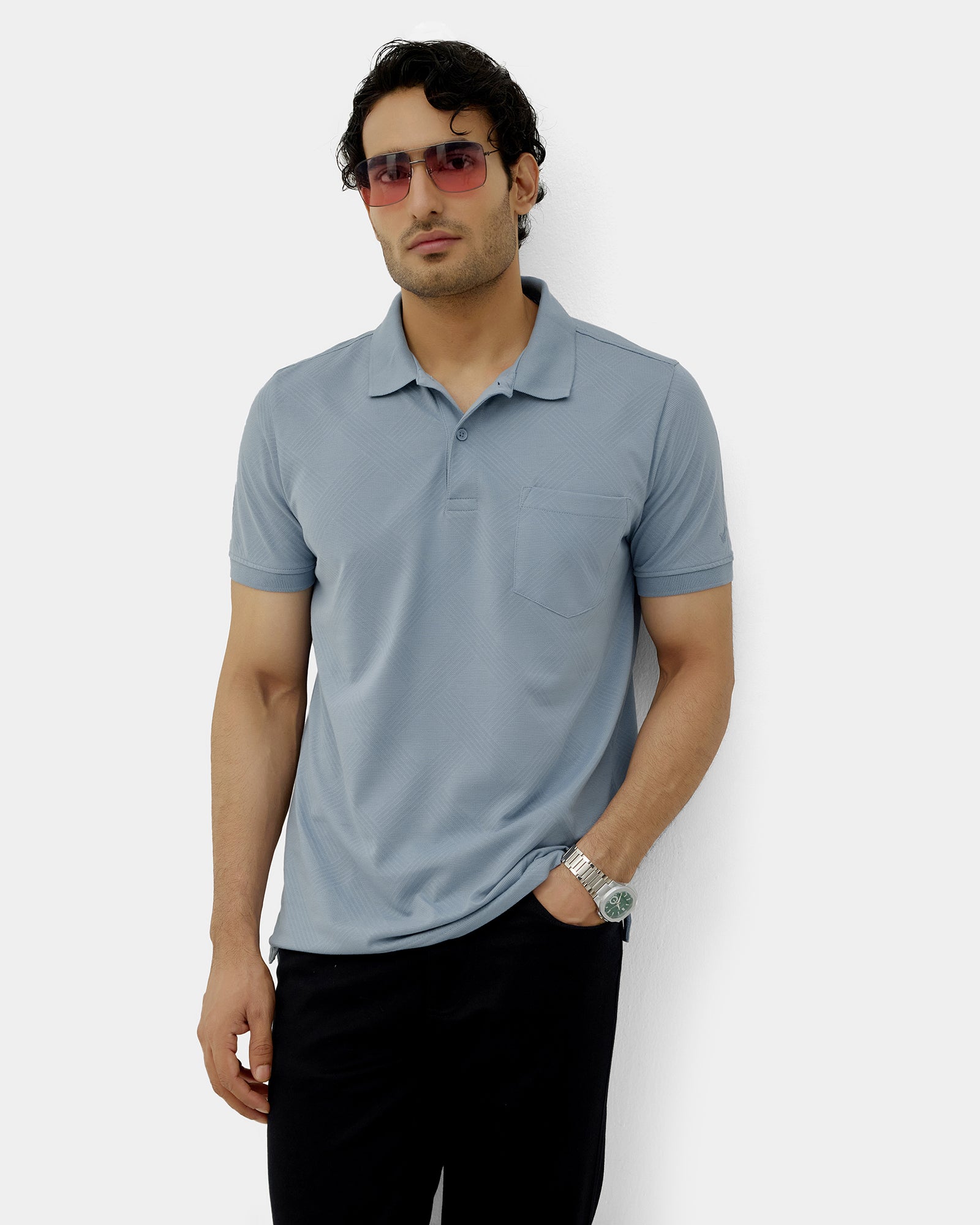 Blue Textured Polo - Lina