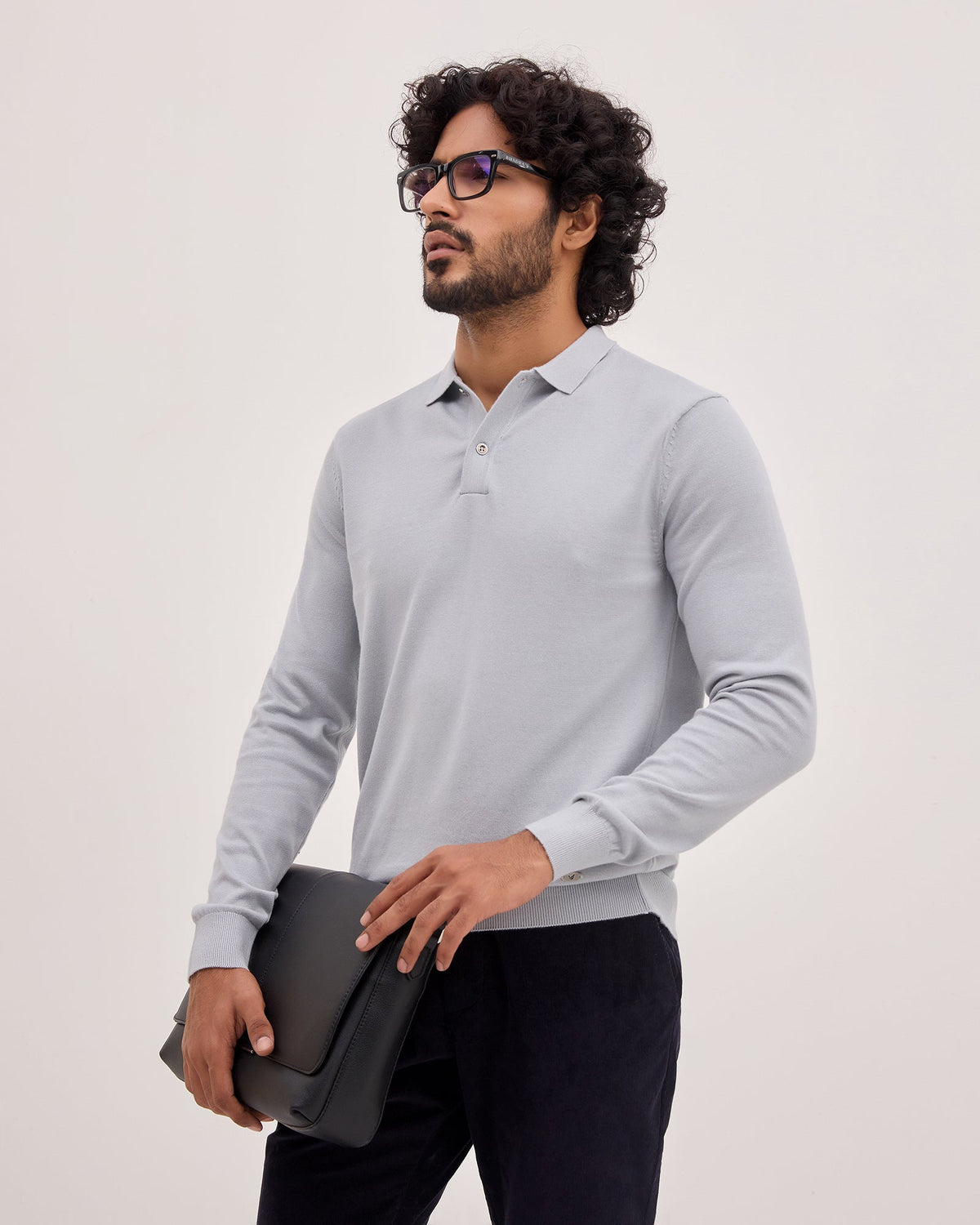 Bluish Grey Polo Neck Solid Sweater - Mushroom