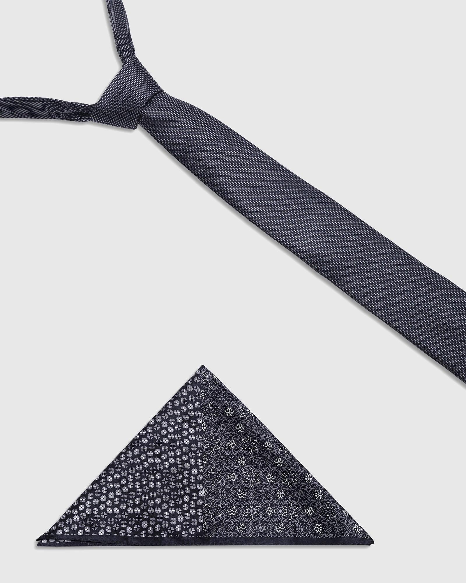 Boxed Combo Printed Tie With Pocket Sqaure In Charcoal Grey - Soita