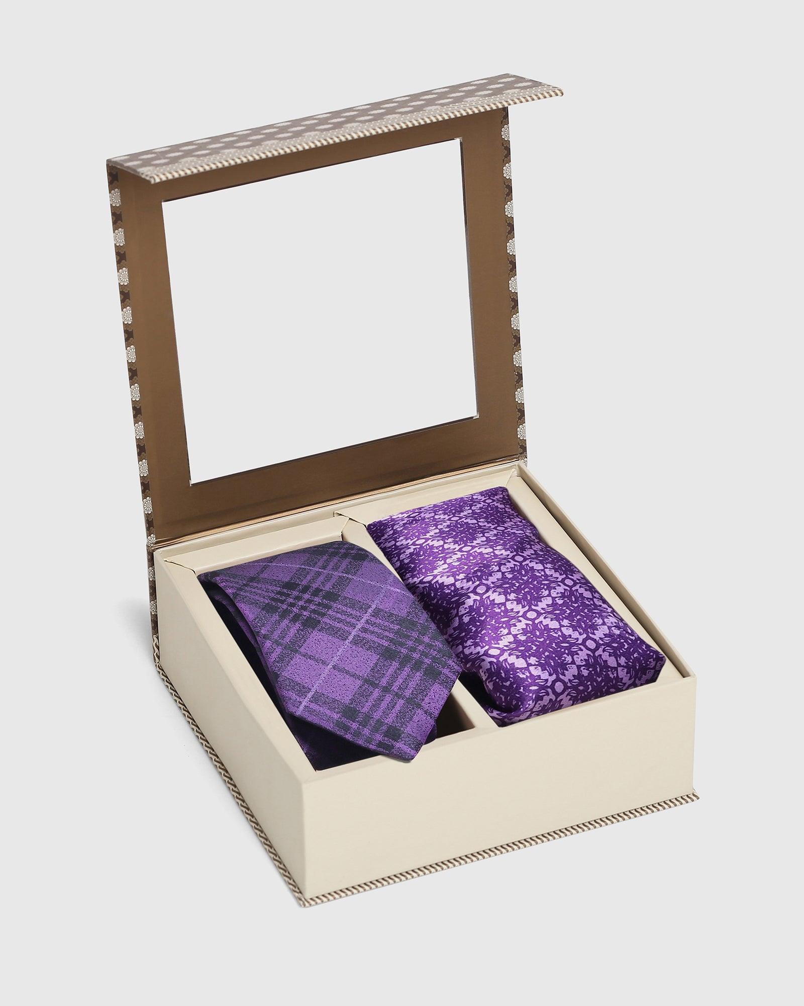 Boxed Combo Printed Tie With Pocket Sqaure In Dark Purple - Sampas