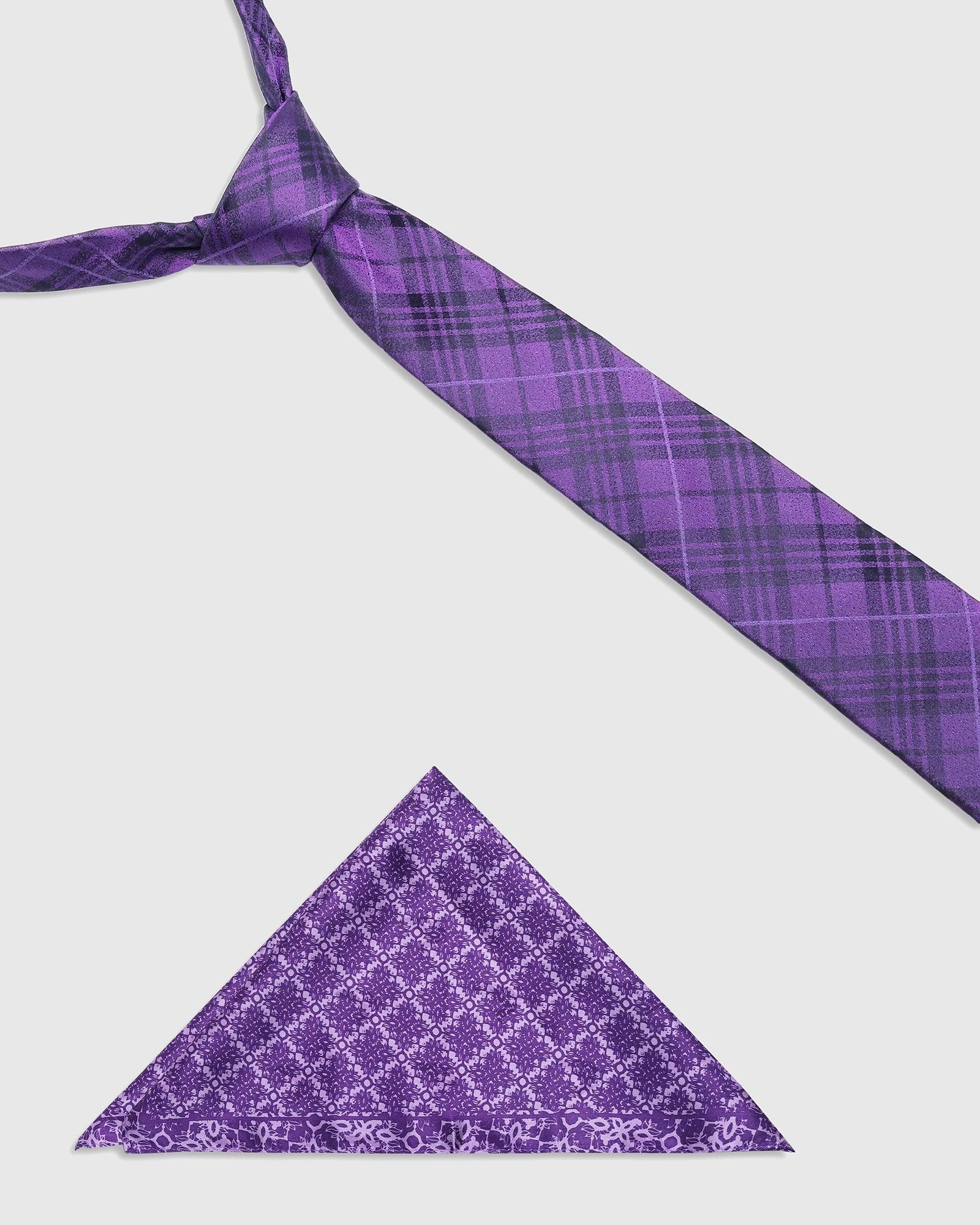Boxed Combo Printed Tie With Pocket Sqaure In Dark Purple - Sampas