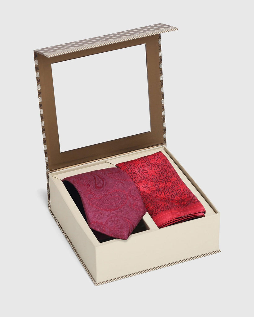 Boxed Combo Printed Tie With Pocket Sqaure In Maroon - Sniper