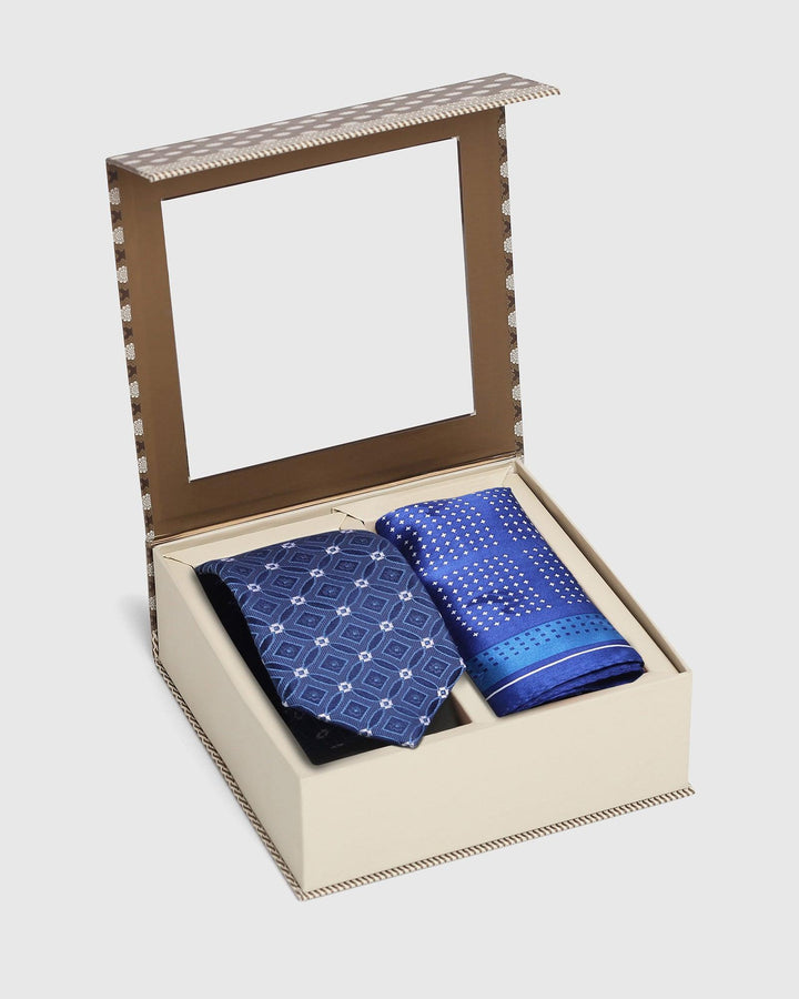 Boxed Combo Printed Tie With Pocket Sqaure In Navy - Stones