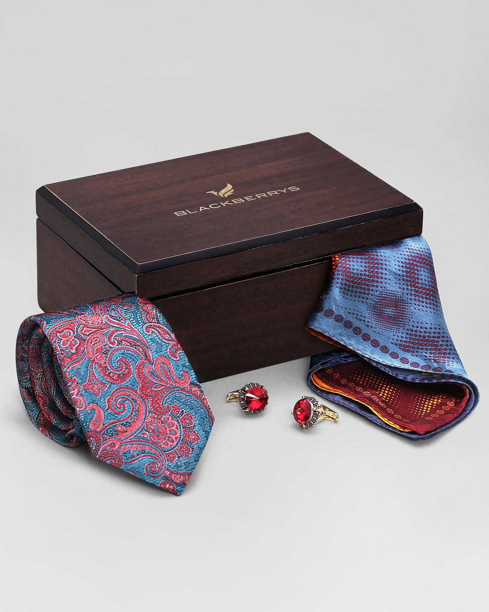 Boxed Combo Printed Tie With Pocket Square And Cufflink - Raheem