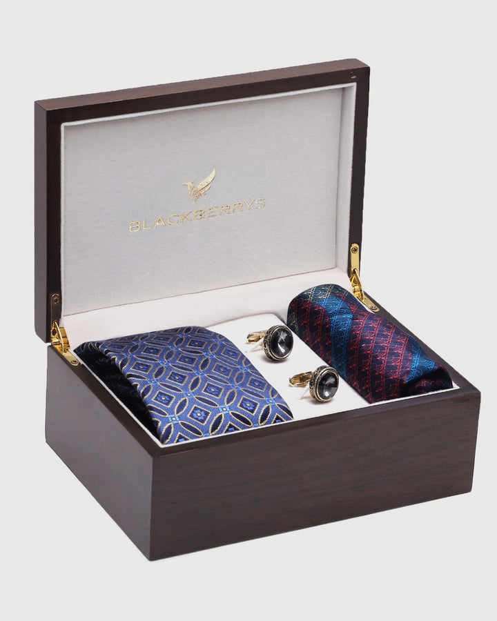 Boxed Combo Printed Tie With Pocket Square And Cufflink - Soila