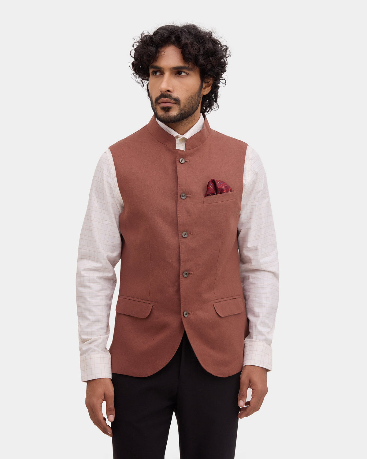 Brown Bandhgala Linen Solid Waistcoat - Morphy