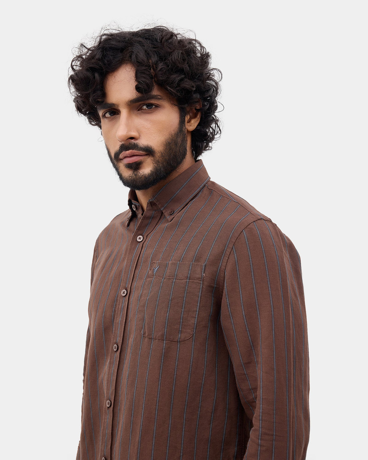 Brown Linen Button Down Stripe Shirt - Proba
