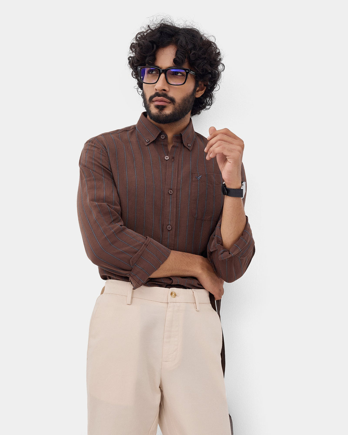 Brown Linen Button Down Stripe Shirt - Proba