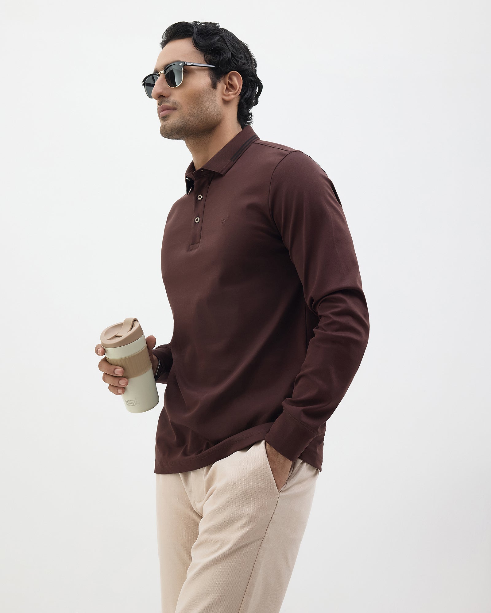 Brown Polo Neck Solid Sweatshirt - Charlie