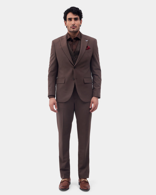 Brown Three Piece Solid Suit - Colteo