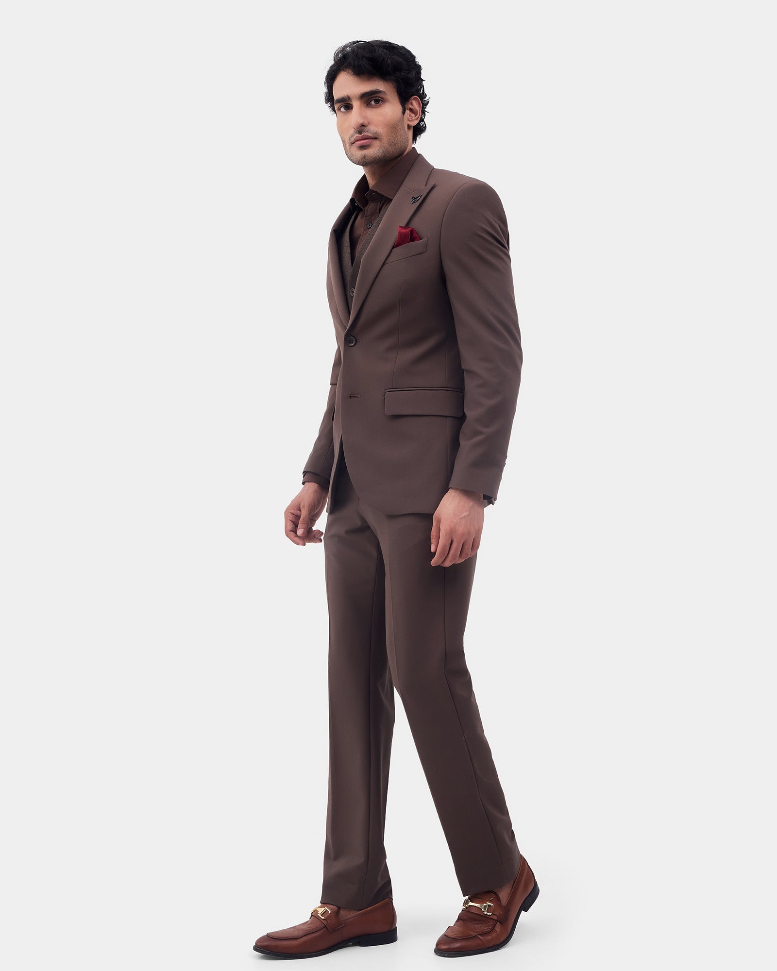 Brown Three Piece Solid Suit - Colteo